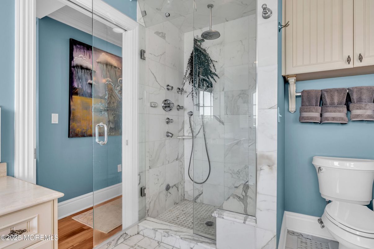 Bathroom, Glass Shower, Interior, Marble, Marble Walls, Wood Texture Flooring