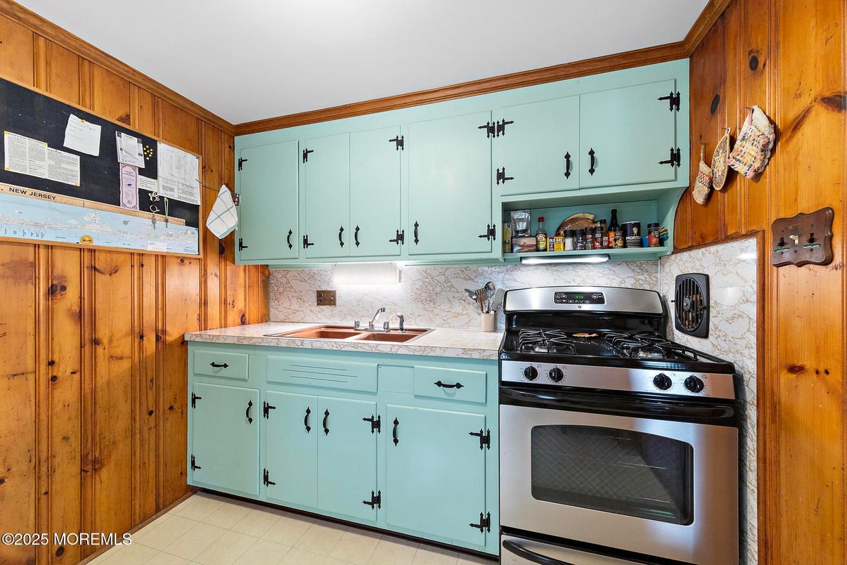 Interior, Kitchen, Tile Countertops, Wooden Walls
