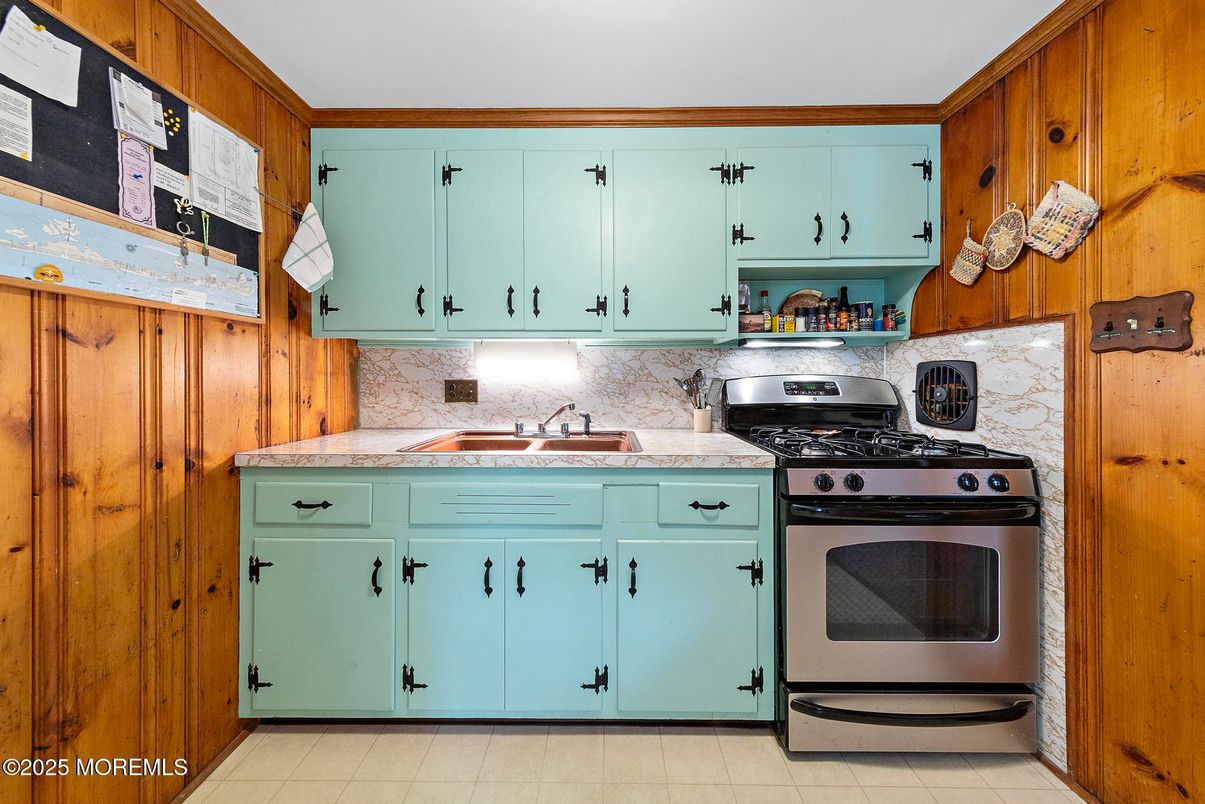 Interior, Kitchen, Tile Countertops, Wooden Walls