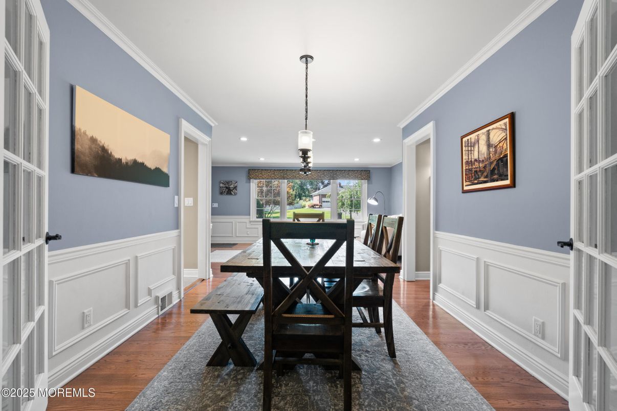 Dining room, Interior, Pendant Lights, Recessed Lighting, Wood Texture Flooring