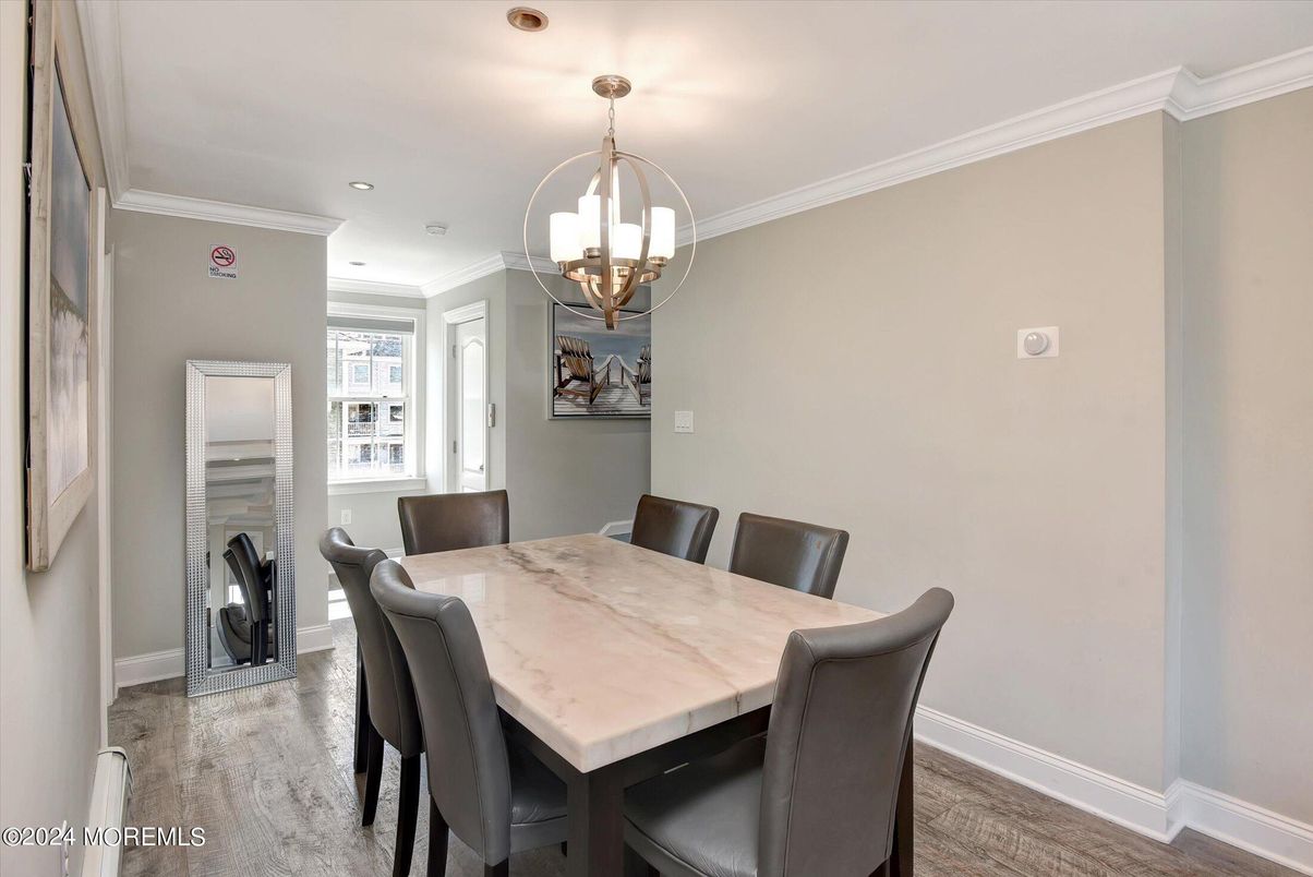 Dining room, Interior, Pendant Lights, Recessed Lighting, Wood Texture Flooring