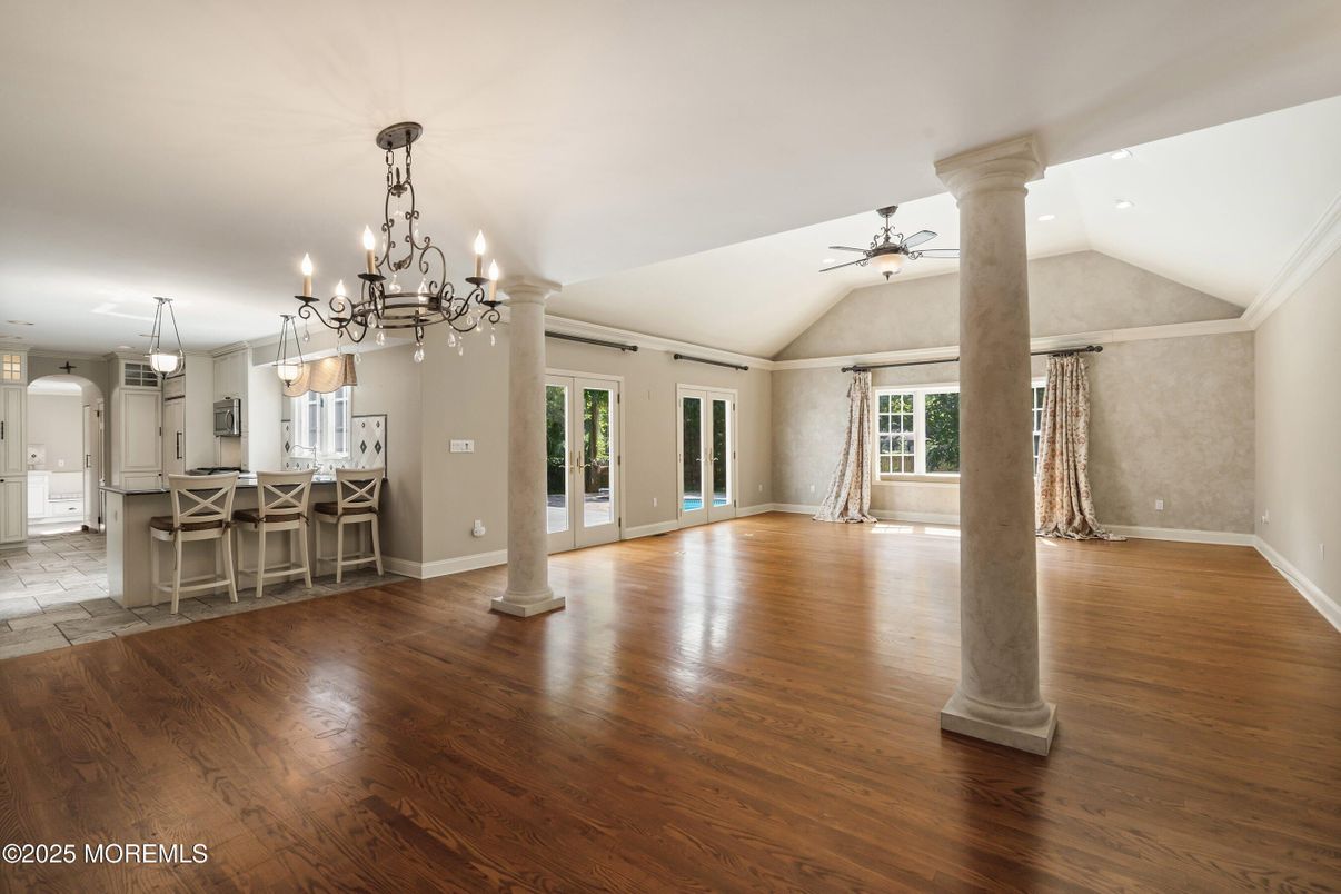 Chandelier, Empty room, Interior, Kitchen, Wood Texture Flooring
