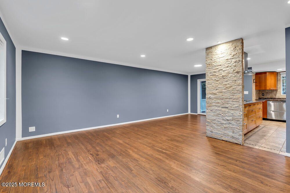 Empty room, Interior, Kitchen, Recessed Lighting, Wood Texture Flooring