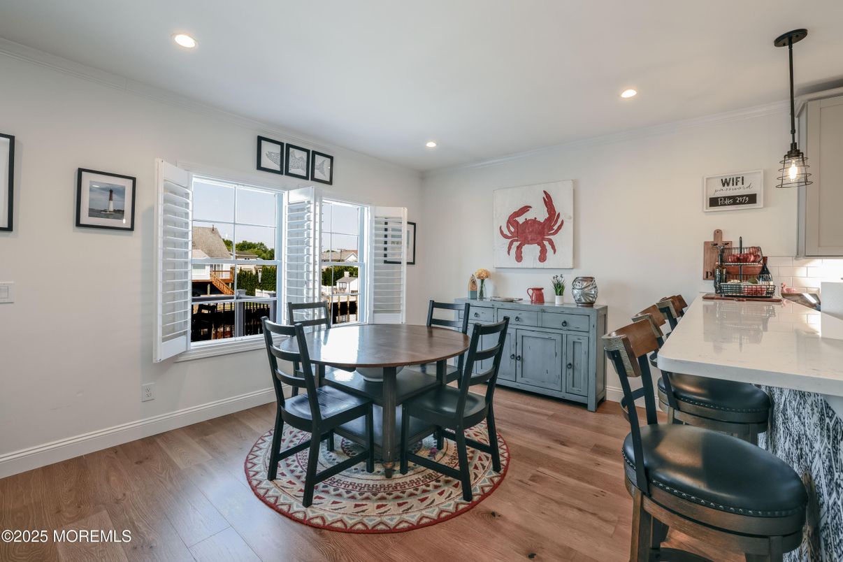 Dining room, Interior, Pendant Lights, Recessed Lighting, Wood Texture Flooring