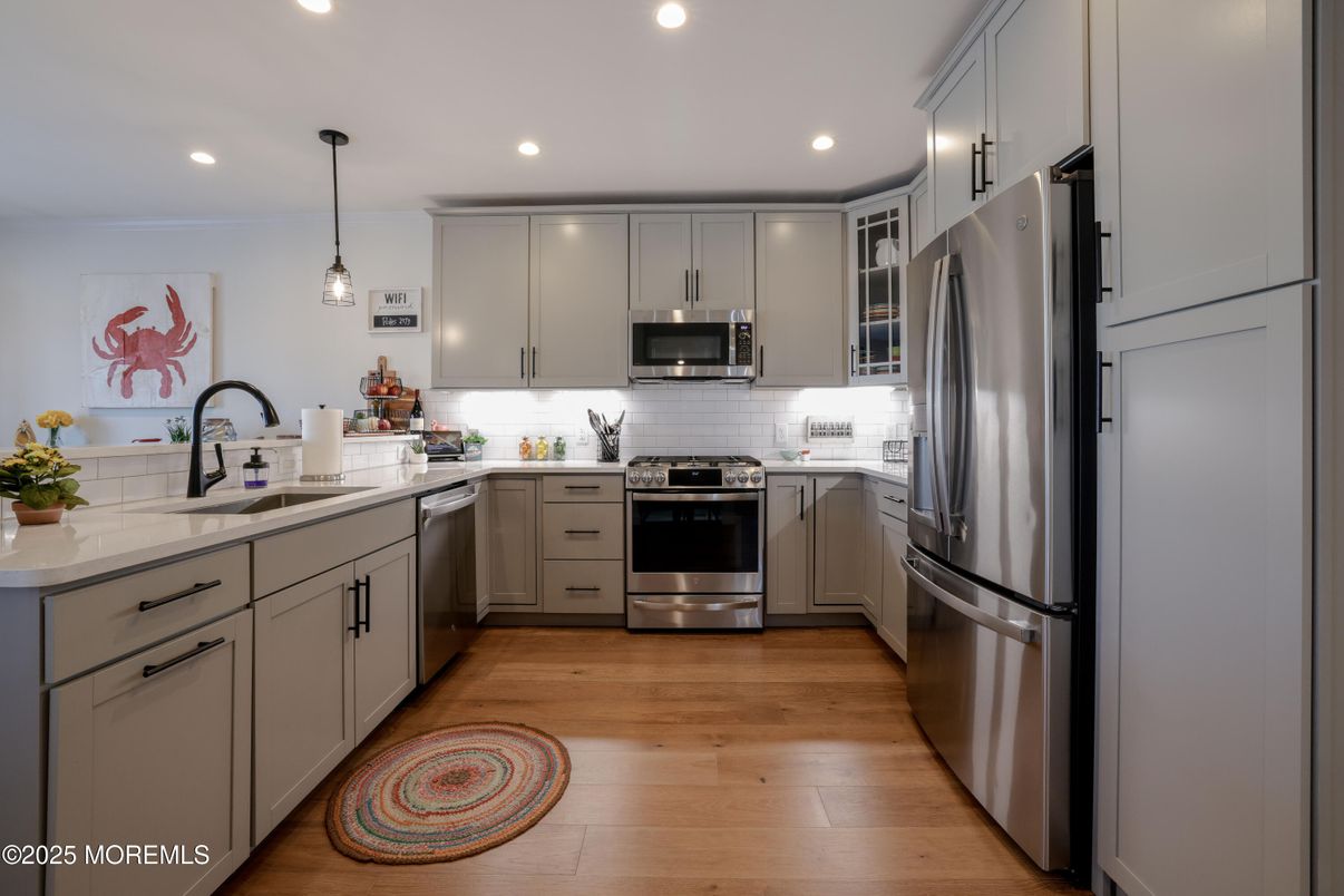 Interior, Kitchen, Pendant Lights, Recessed Lighting, Stainless Steel Appliances, Wood Texture Flooring