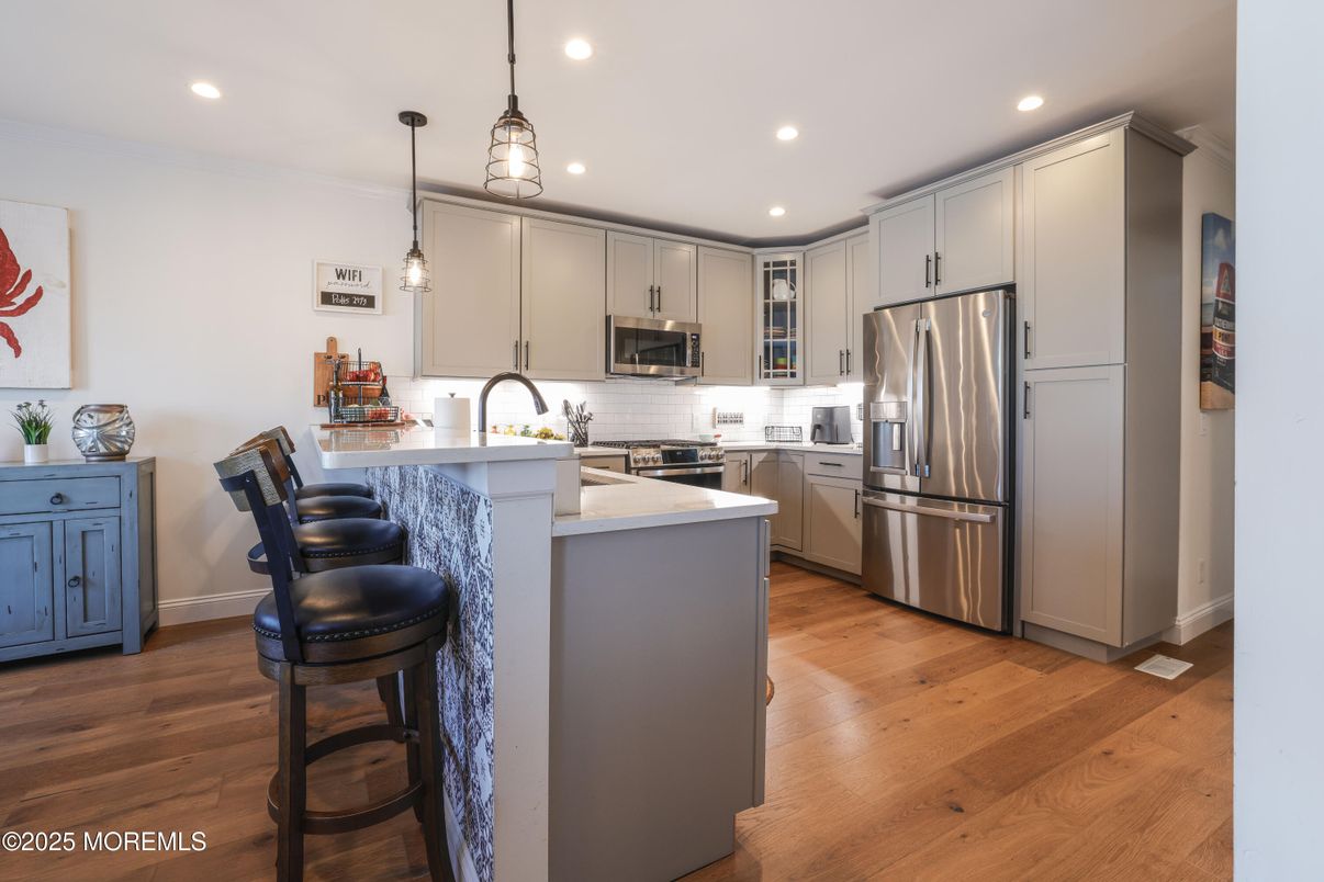 Interior, Kitchen, Pendant Lights, Recessed Lighting, Stainless Steel Appliances, Wood Texture Flooring