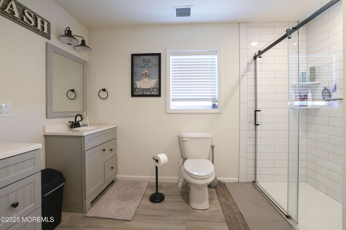 Bathroom, Glass Shower, Interior, Wood Texture Flooring