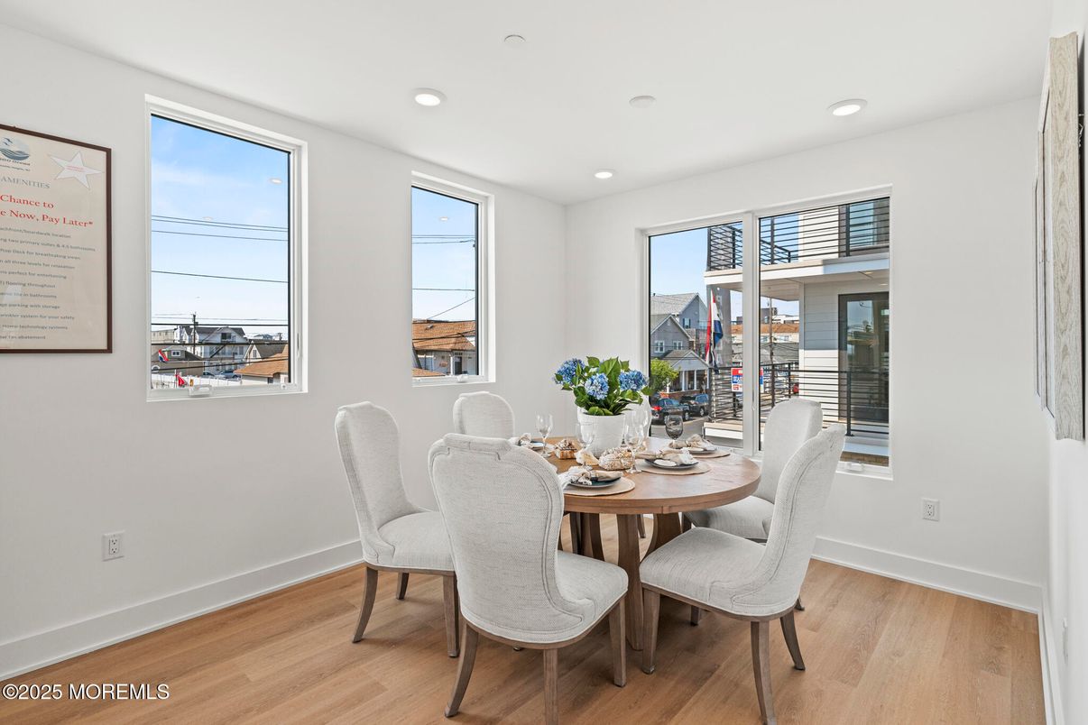 Dining room, Interior, Recessed Lighting, Wood Texture Flooring