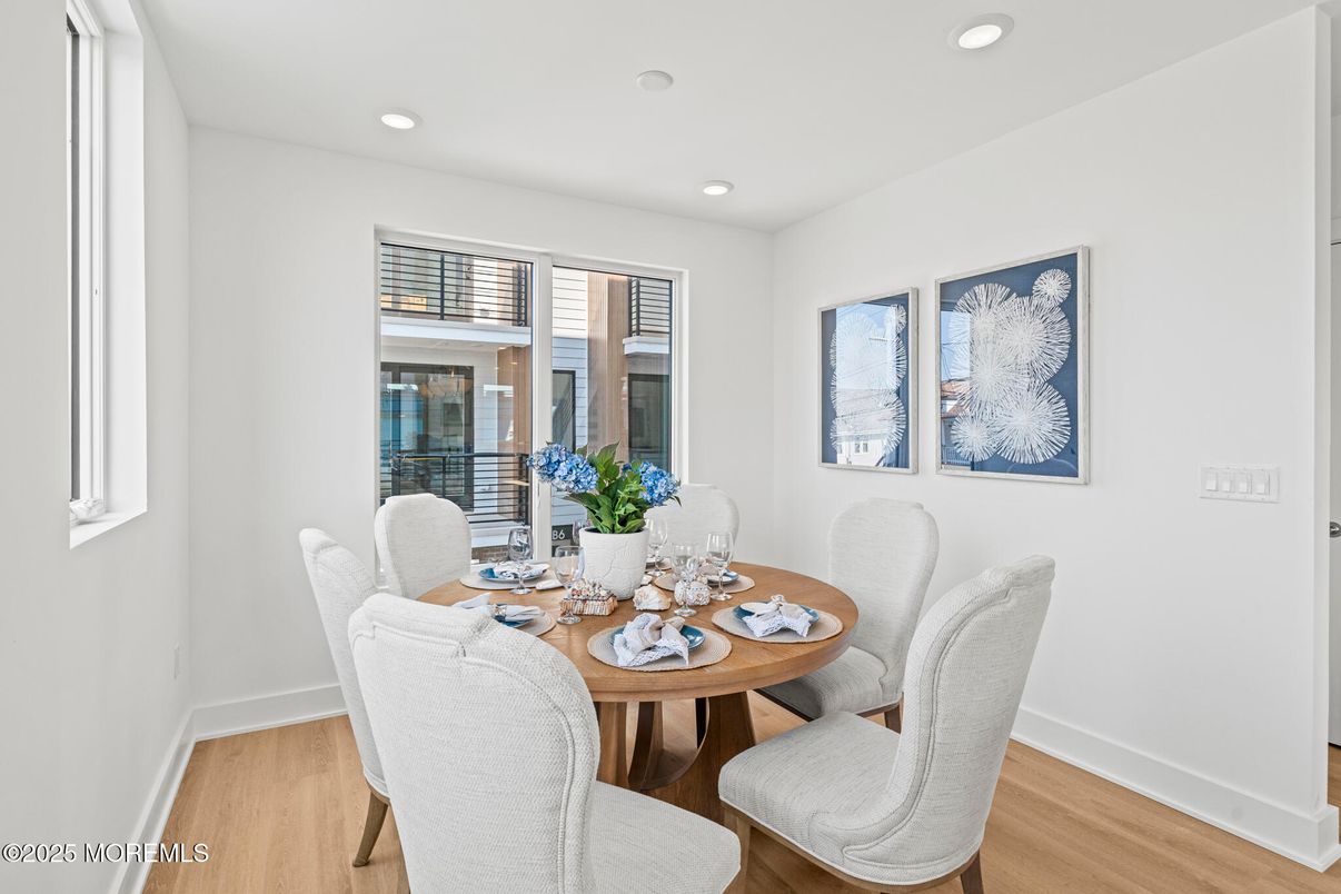 Dining room, Interior, Recessed Lighting, Wood Texture Flooring