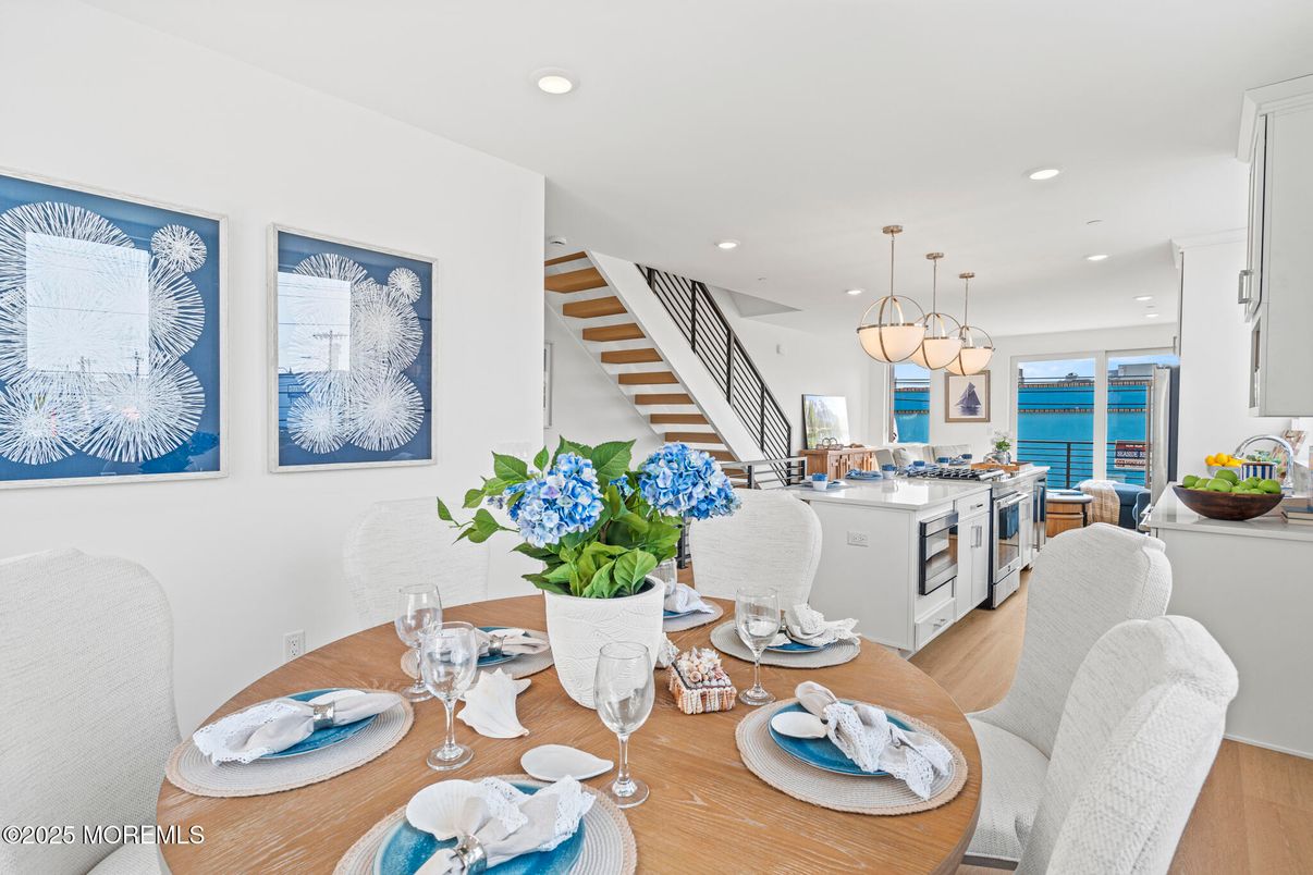 Dining room, Interior, Kitchen, Pendant Lights, Recessed Lighting, Water, Wood Texture Flooring