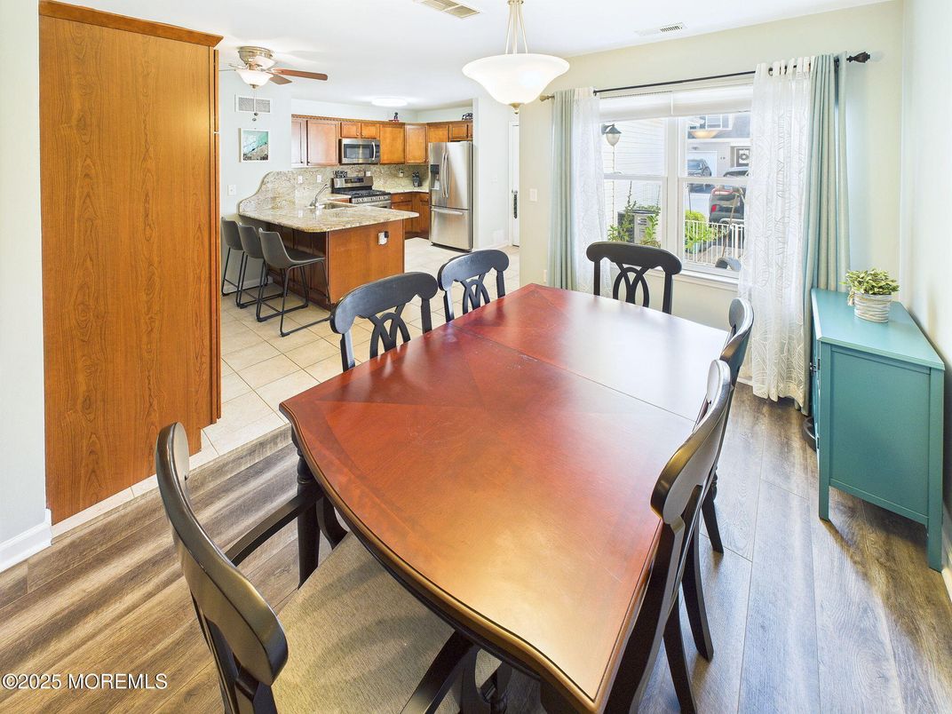 Dining room, Interior, Kitchen, Pendant Lights, Wood Texture Flooring