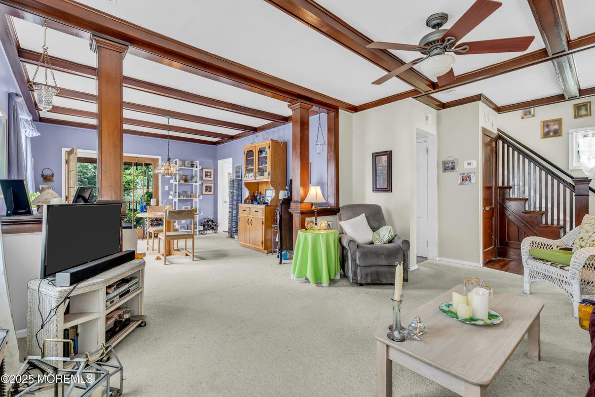 Chandelier, Dining room, Interior, Living room, Wooden Beams