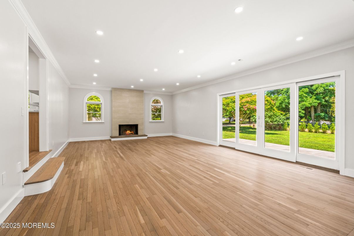 Empty room, Fireplace, Interior, Recessed Lighting, Wood Texture Flooring
