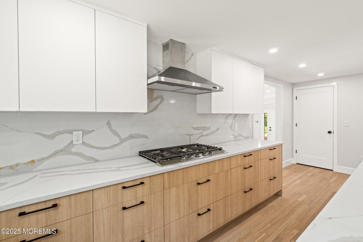 Interior, Kitchen, Marble Walls, Recessed Lighting, Wood Texture Flooring