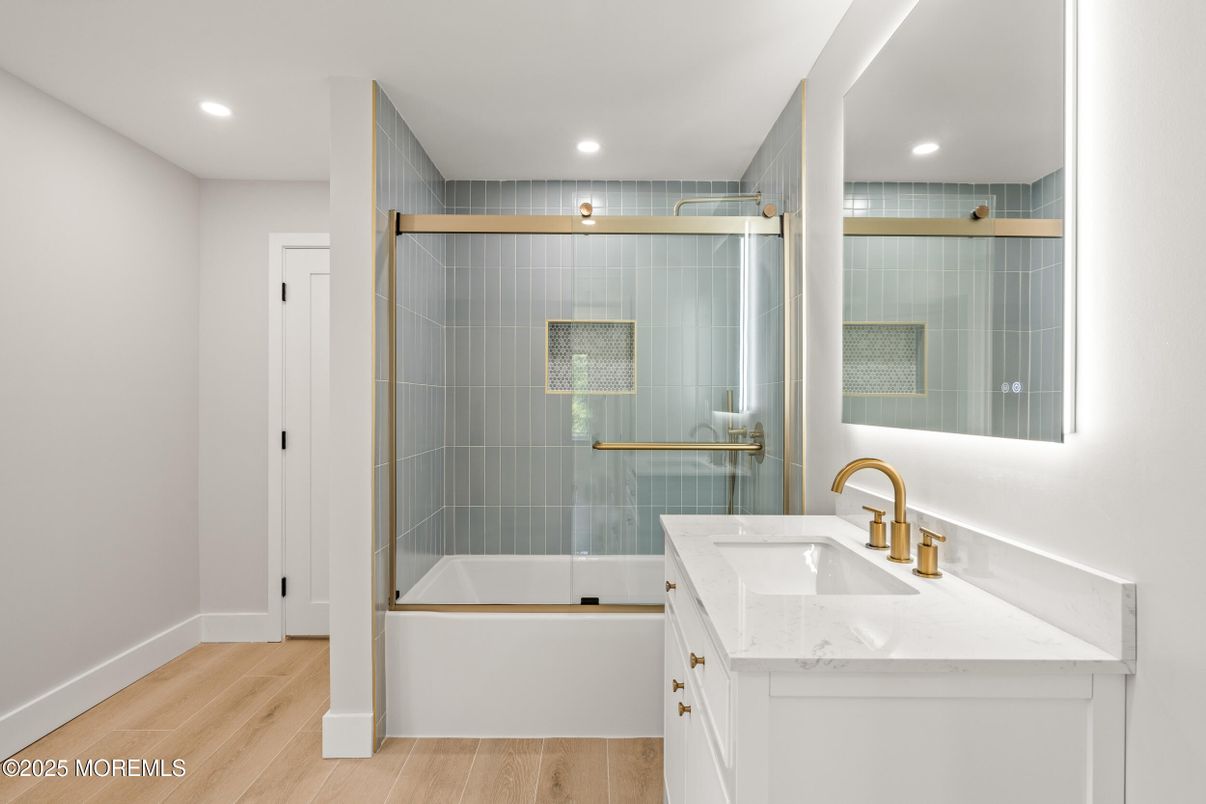 Bathroom, Glass Shower, Interior, Recessed Lighting, Wood Texture Flooring