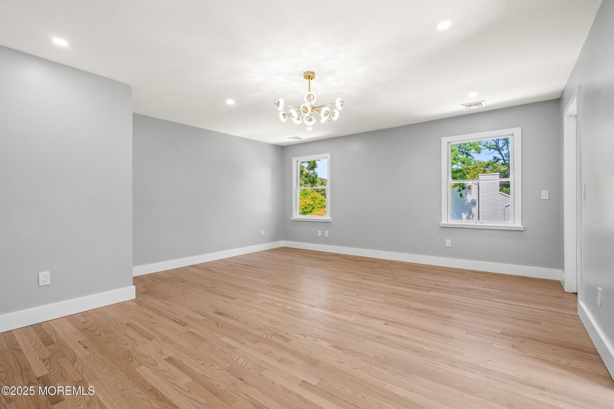 Chandelier, Empty room, Interior, Recessed Lighting, Wood Texture Flooring