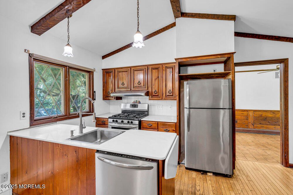 Interior, Kitchen, Pendant Lights, Stainless Steel Appliances, Wood Texture Flooring