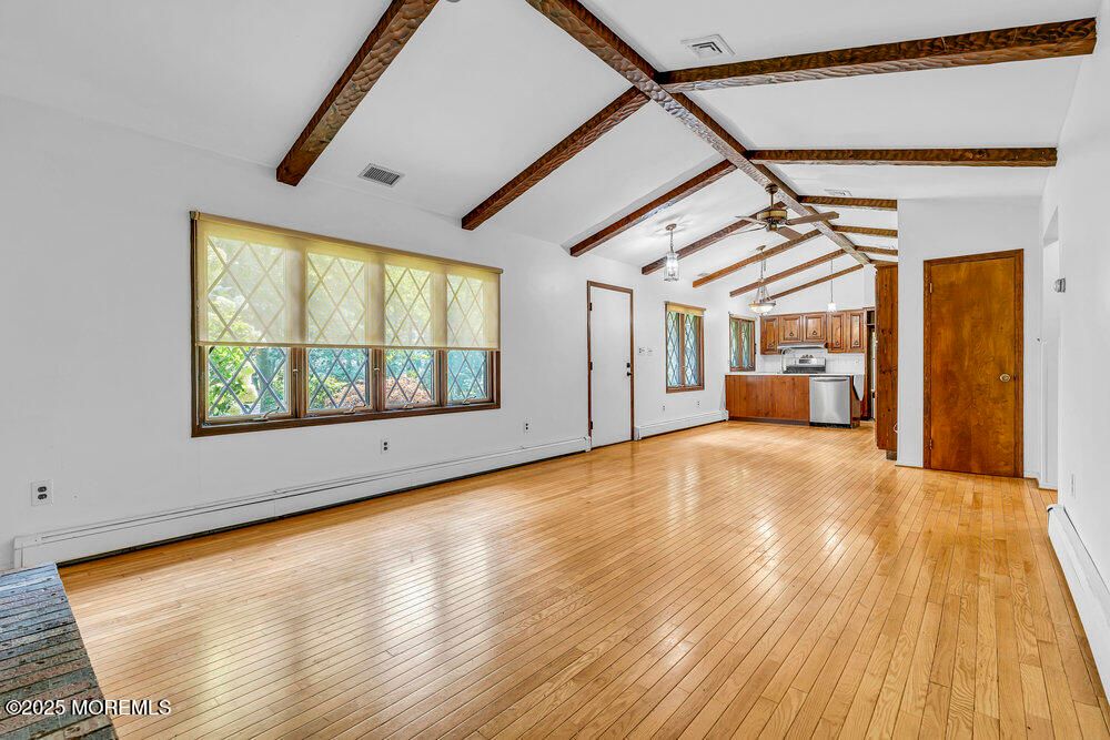 Empty room, Interior, Kitchen, Pendant Lights, Wooden Beams, Wood Texture Flooring