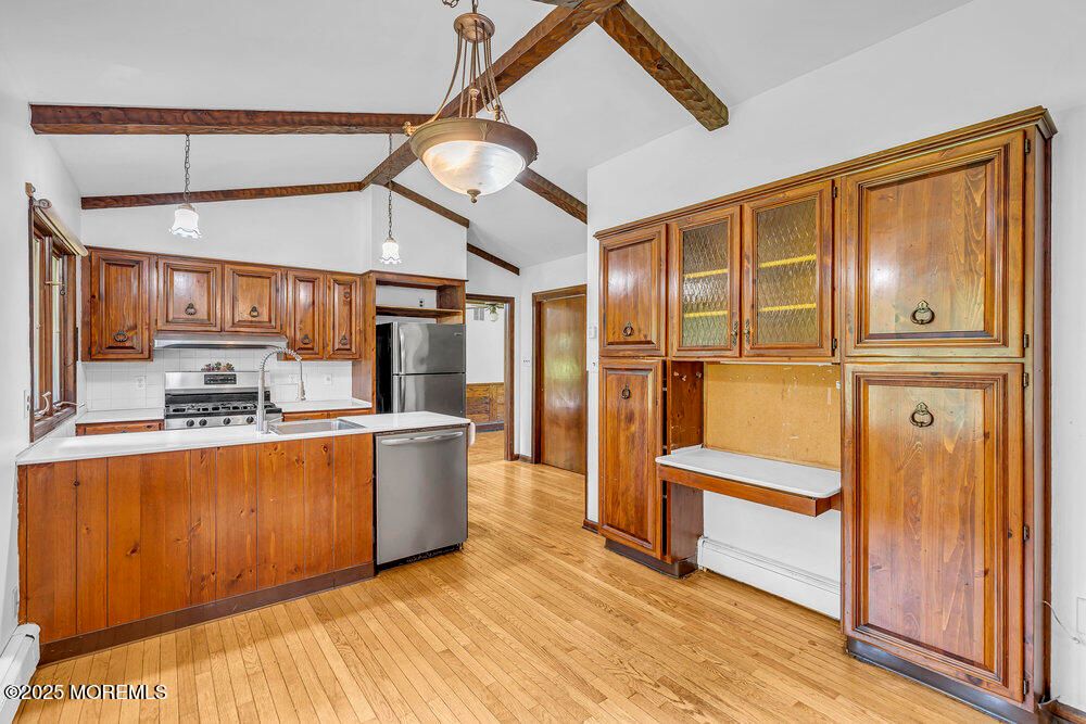 Interior, Kitchen, Pendant Lights, Wooden Beams, Wood Texture Flooring
