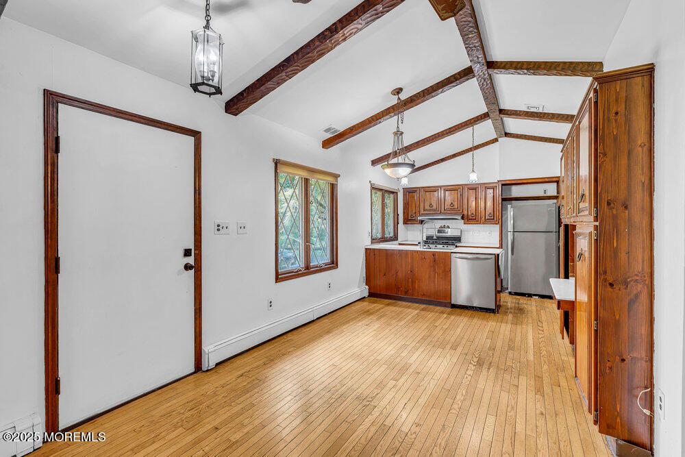 Interior, Kitchen, Pendant Lights, Stainless Steel Appliances, Wooden Beams, Wood Texture Flooring