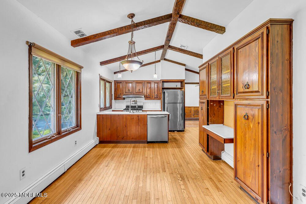 Interior, Kitchen, Pendant Lights, Wooden Beams, Wood Texture Flooring