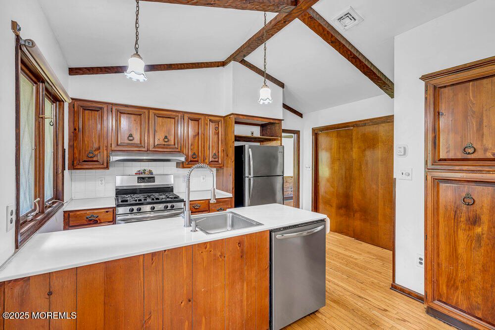Interior, Kitchen, Pendant Lights, Stainless Steel Appliances, Wood Texture Flooring