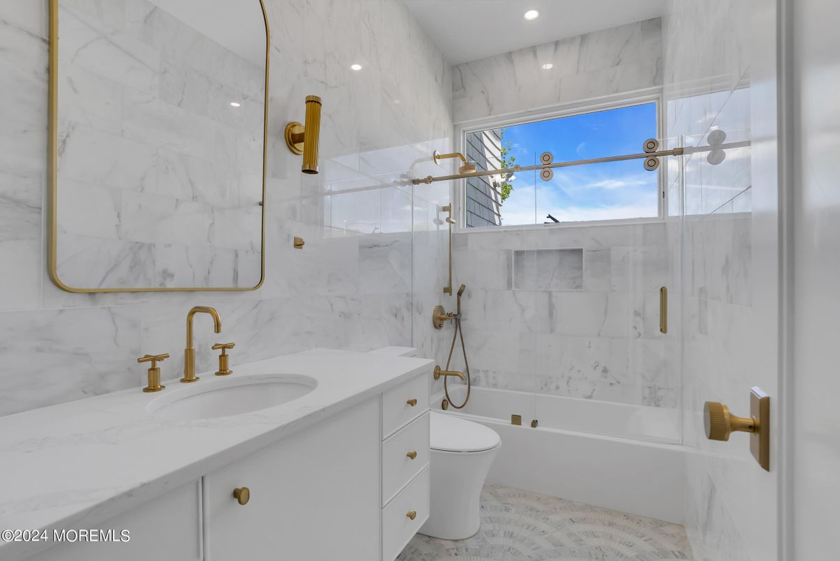 Bathroom, Glass Shower, Interior, Marble Walls, Recessed Lighting