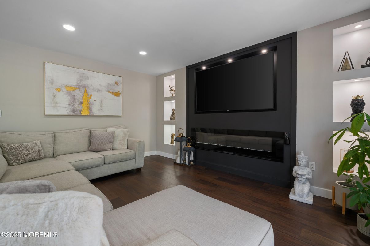Fireplace, Interior, Living room, Recessed Lighting, Wood Texture Flooring