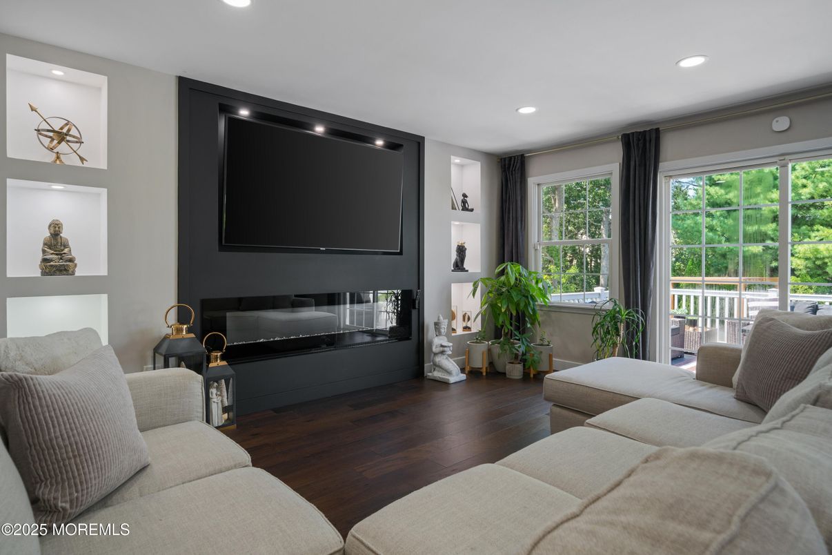 Fireplace, Interior, Living room, Recessed Lighting, Wood Texture Flooring