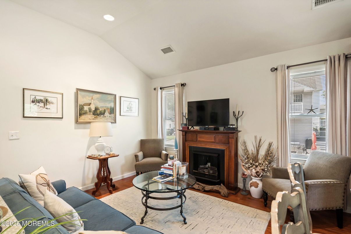 Fireplace, Interior, Living room, Recessed Lighting, Wood Texture Flooring