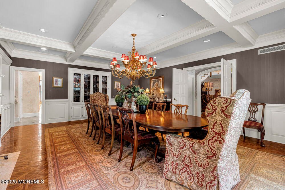 Chandelier, Dining room, Interior, Recessed Lighting, Wood Texture Flooring