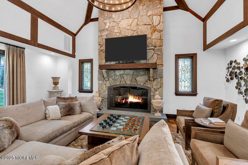 Fireplace, Interior, Living room, Recessed Lighting, Stone Walls