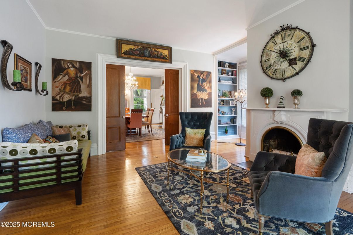 Chandelier, Dining room, Fireplace, Interior, Living room, Wood Texture Flooring