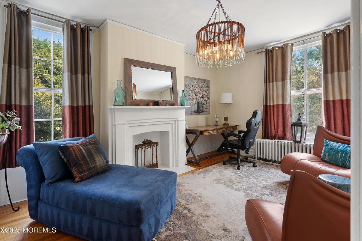 Chandelier, Fireplace, Home Office, Interior, Wood Texture Flooring