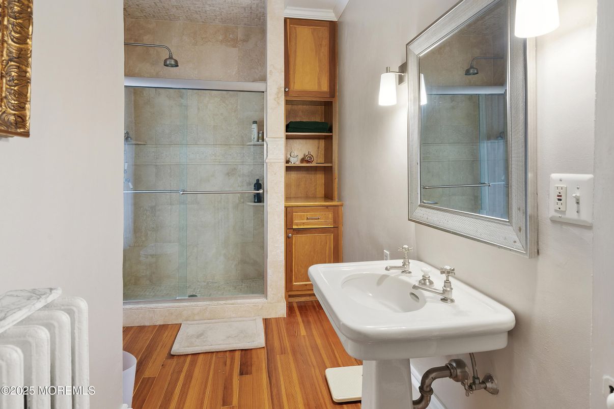 Bathroom, Glass Shower, Interior, Wood Texture Flooring