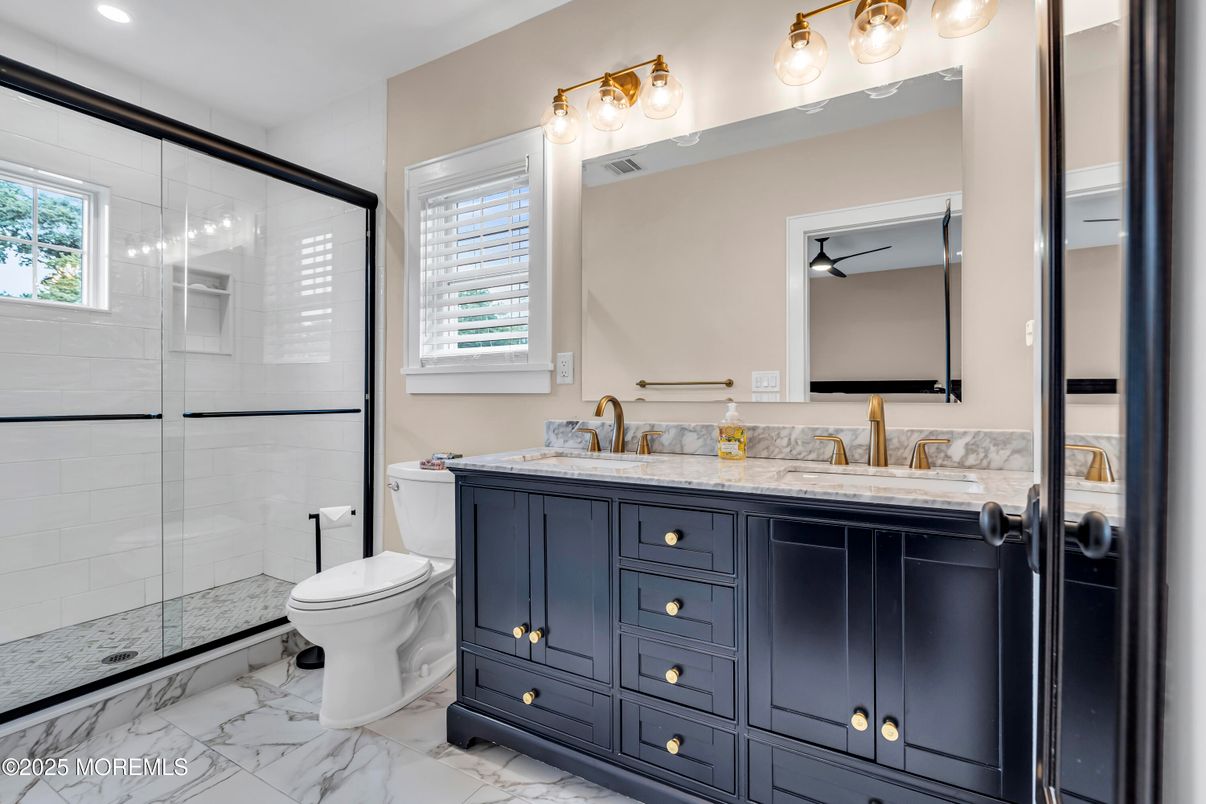 Bathroom, Dual Sink Vanities, Glass Shower, Interior, Marble, Recessed Lighting