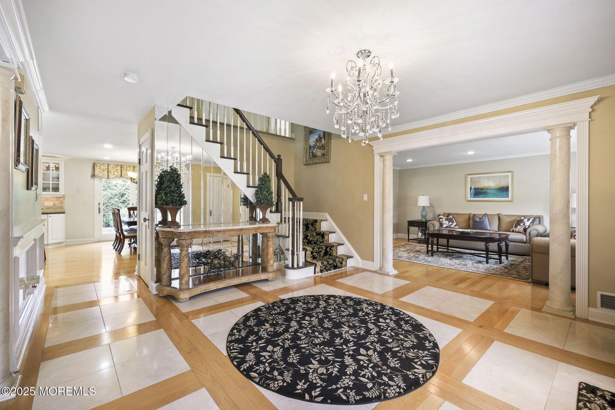 Chandelier, Dining room, Interior, Living room, Recessed Lighting, Wood Texture Flooring