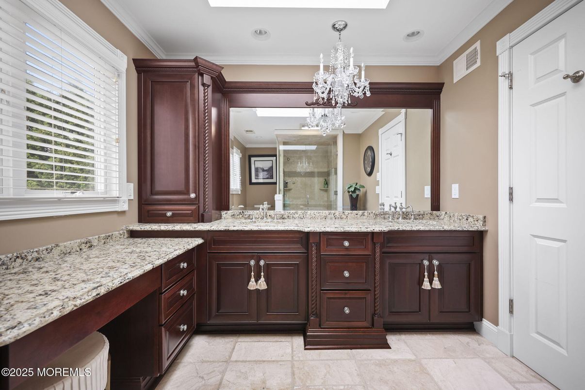 Bathroom, Chandelier, Dual Sink Vanities, Interior, Recessed Lighting