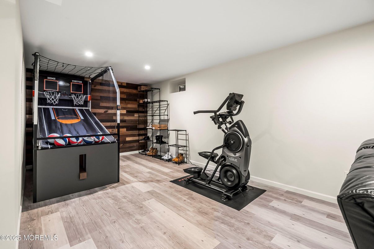 Fitness Equipment, Interior, Recessed Lighting, Wood Texture Flooring, Wooden Walls