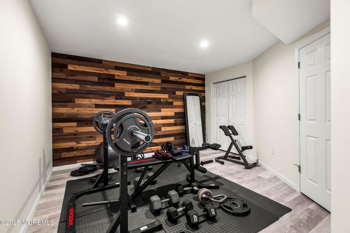 Fitness Equipment, Interior, Recessed Lighting, Wood Texture Flooring, Wooden Walls