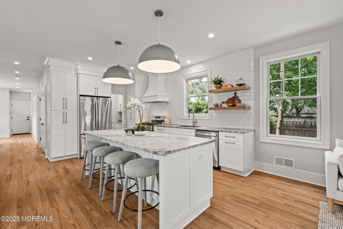 Interior, Kitchen, Pendant Lights, Recessed Lighting, Stainless Steel Appliances, Wood Texture Flooring