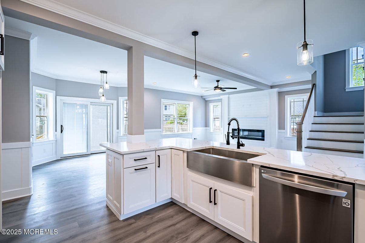 Interior, Kitchen, Pendant Lights, Recessed Lighting, Stainless Steel Appliances, Wood Texture Flooring