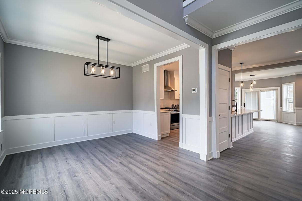 Empty room, Interior, Kitchen, Pendant Lights, Recessed Lighting, Wood Texture Flooring