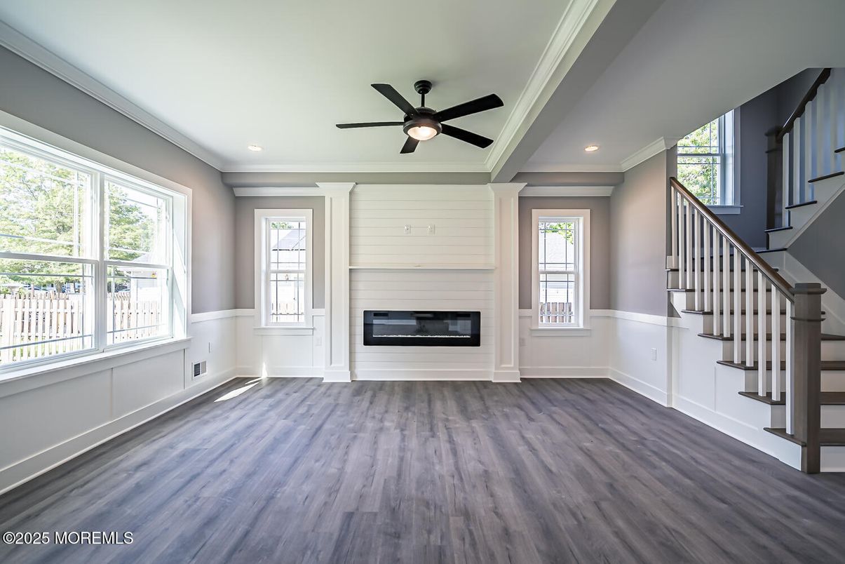 Empty room, Fireplace, Interior, Recessed Lighting, Wood Texture Flooring