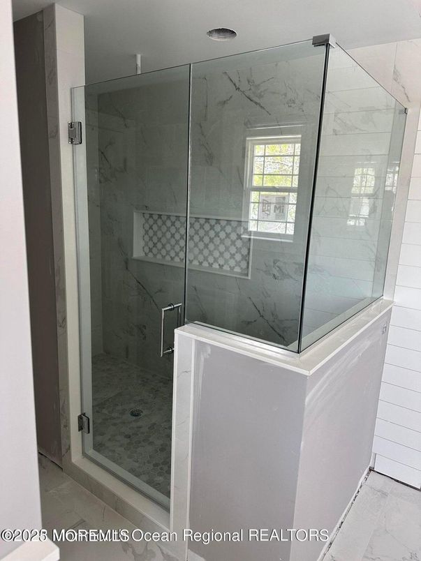 Bathroom, Glass Shower, Interior, Marble, Marble Walls, Recessed Lighting
