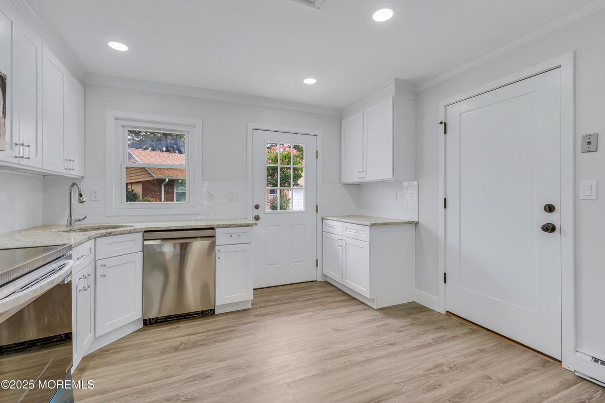 Interior, Kitchen, Recessed Lighting, Stainless Steel Appliances, Wood Texture Flooring