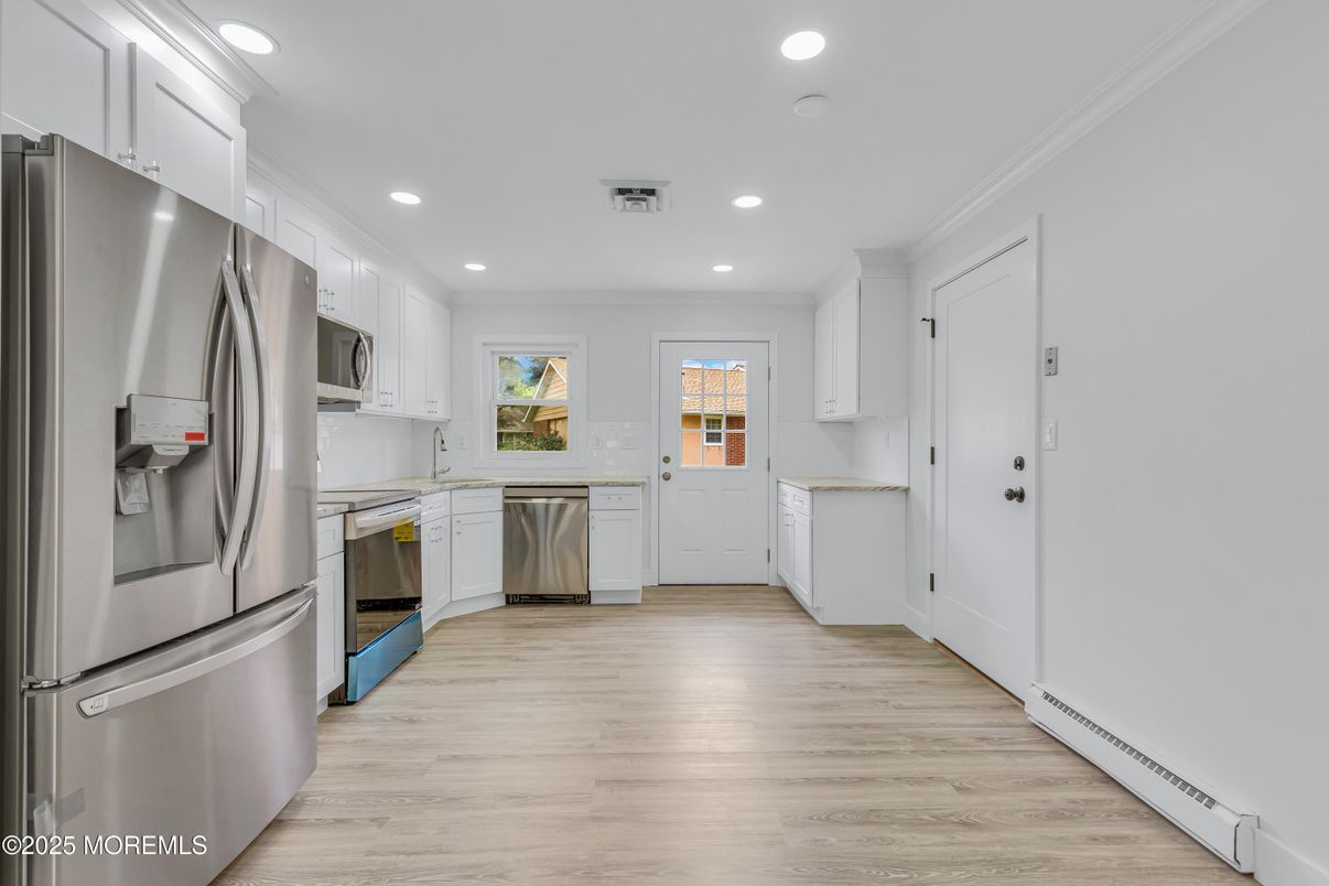 Interior, Kitchen, Recessed Lighting, Stainless Steel Appliances, Wood Texture Flooring