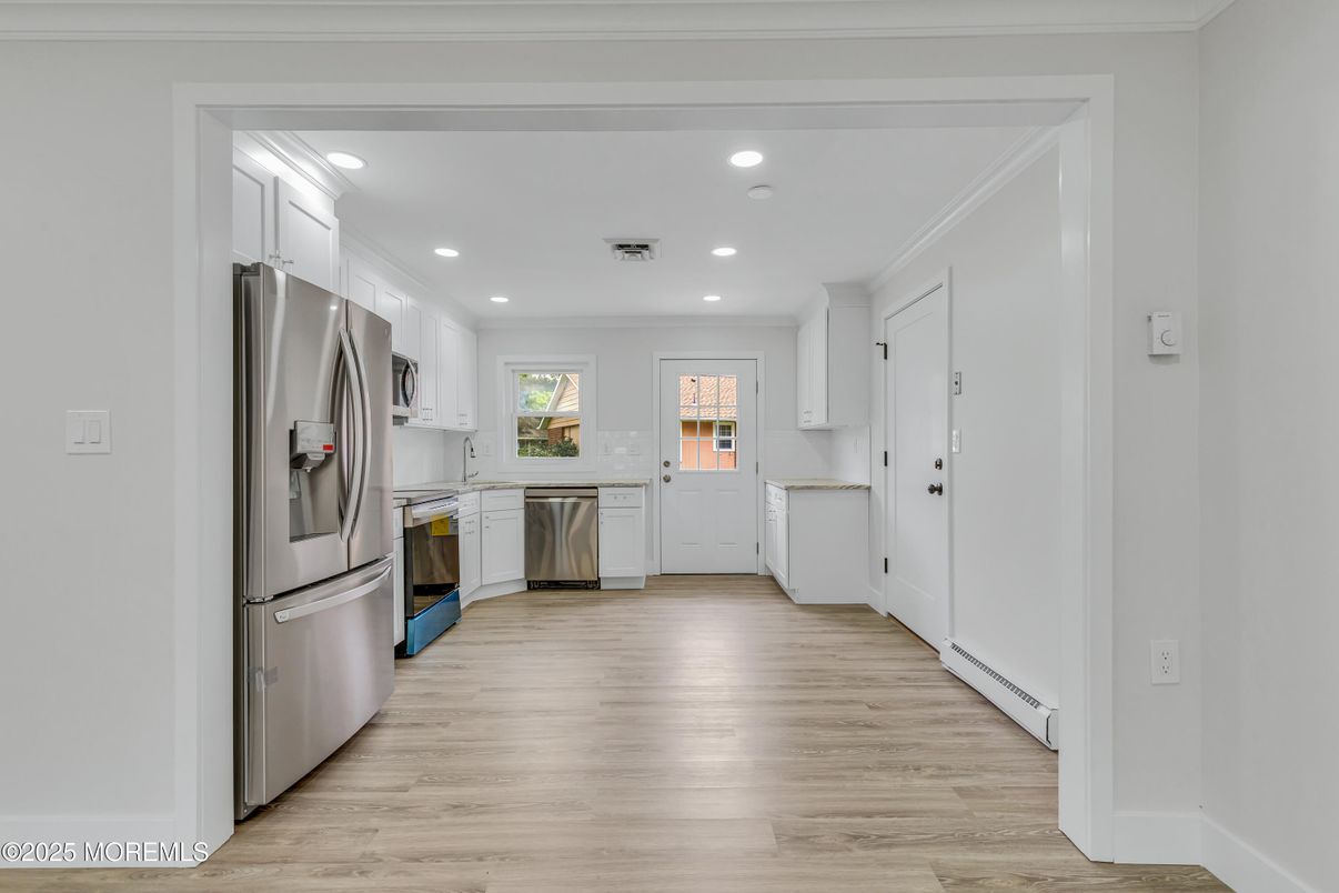 Interior, Kitchen, Recessed Lighting, Stainless Steel Appliances, Wood Texture Flooring