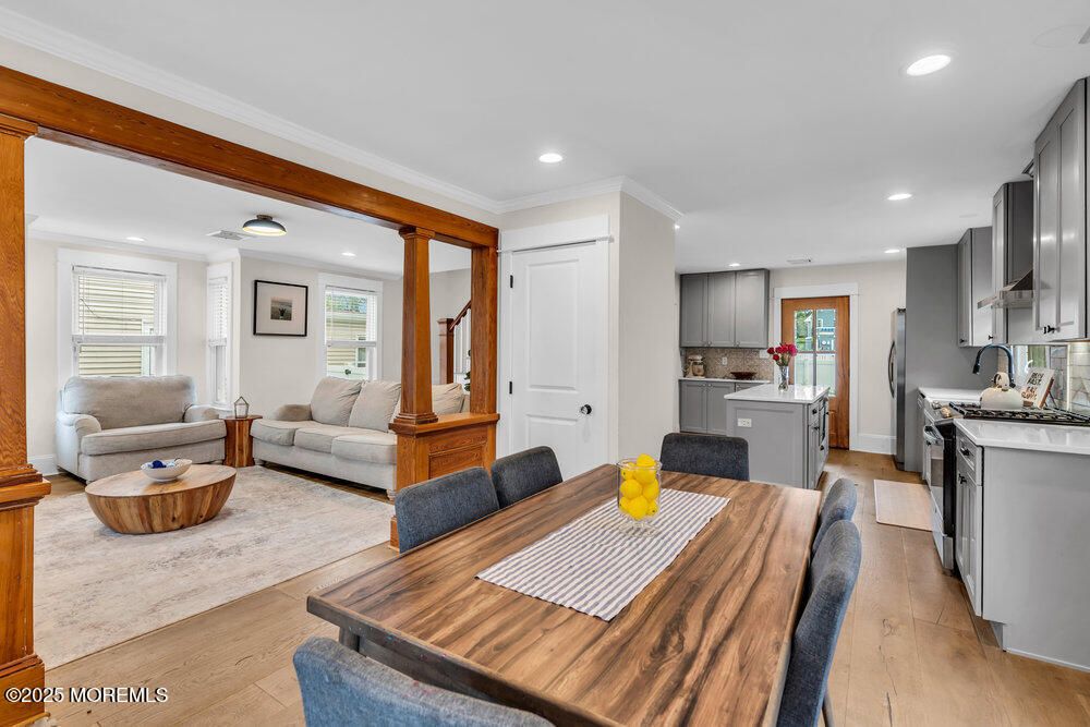 Dining room, Interior, Kitchen, Living room, Recessed Lighting, Wood Texture Flooring