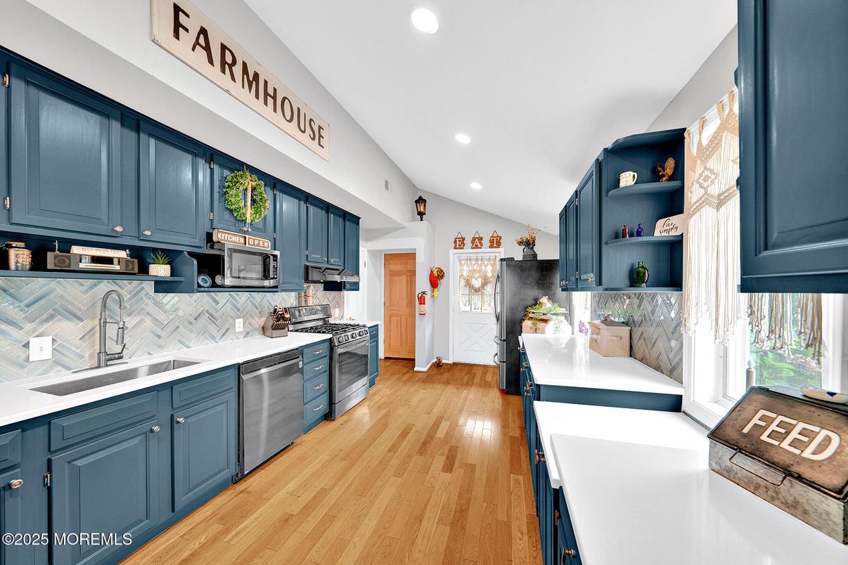 Interior, Kitchen, Recessed Lighting, Stainless Steel Appliances, Wood Texture Flooring
